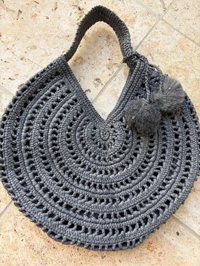 Raffia Crochet Round Tote Bag - Charcoal Gray